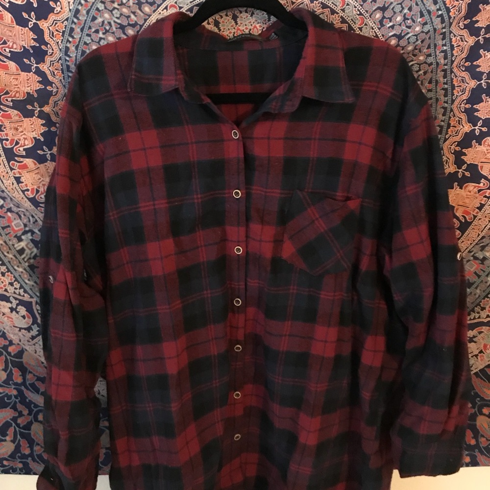Red and blue plaid flannel tunic